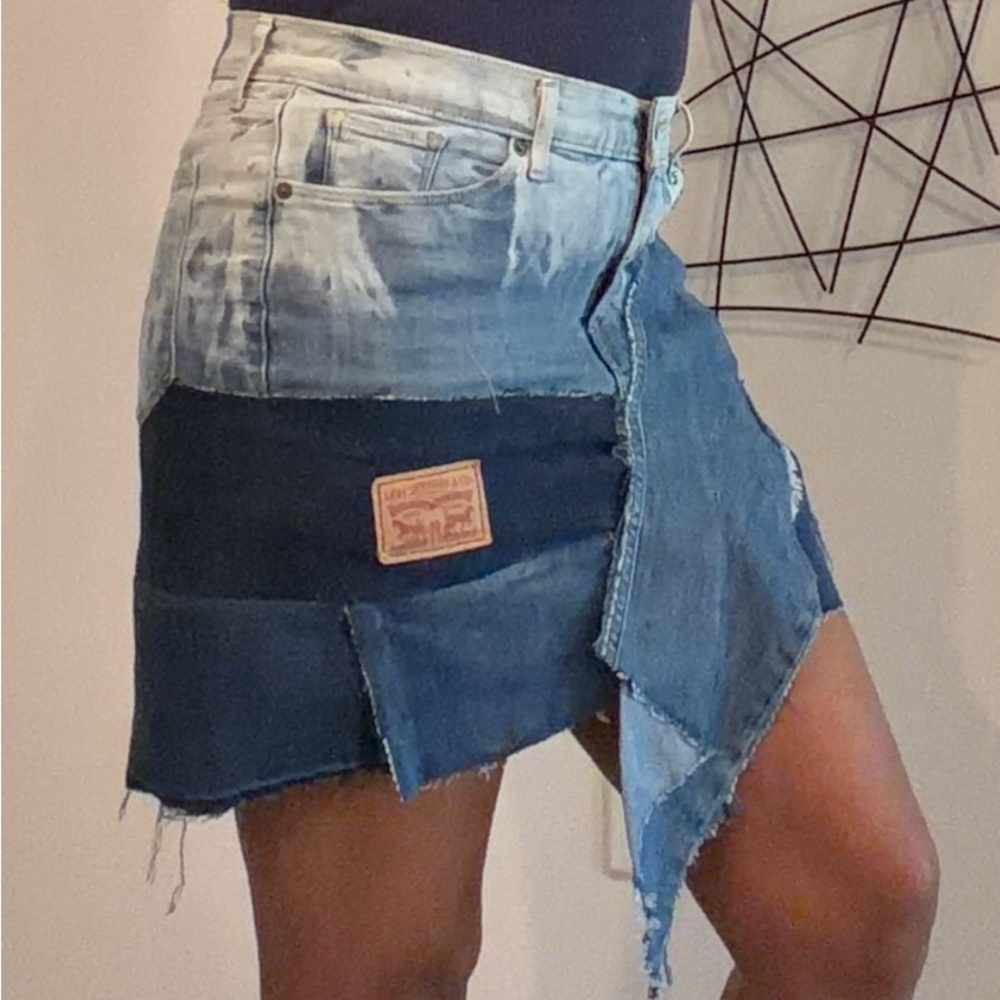 Custom Levi Patchwork Distressed Denim Mini Skirt - Blue - Picture 4 of 6